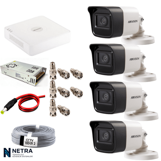 Hikvision 4’lü Güvenlik Kamera Seti  4 Kanal DVR + 4 Kamera + Kablo + Adaptör  Tak Çalıştır Sistem