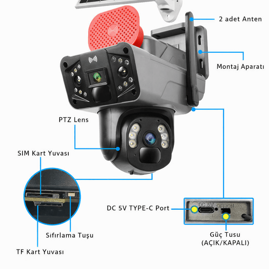 O-KAM PRO 3815 4g 6mp Dual Lens Solar Ptz Güneş Panelli Kamera