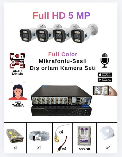 4 Lü Sesli Güvenlik Kamerası 5 Mp Gece Renkli Yüz Ve Araç Tanımalı Full Hd Kamera Sistemi
