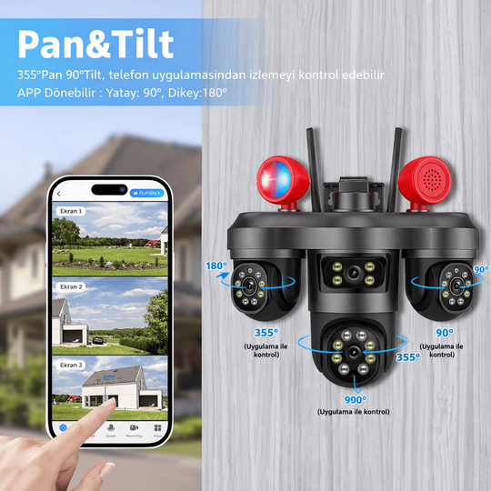 Yapay Zeka Destekli 6MP 3 Lensli PTZ WiFi Güvenlik Kamerası – 355° Hareketli, AI İnsan Takibi, Çift Yönlü Ses