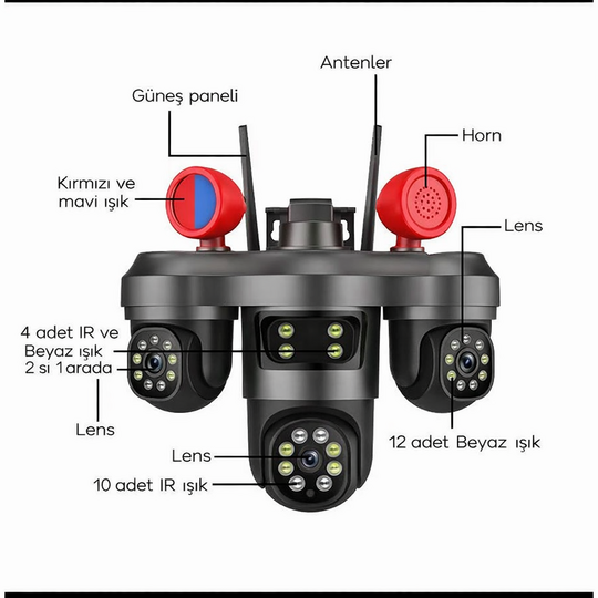 Yapay Zeka Destekli 6MP 3 Lensli PTZ WiFi Güvenlik Kamerası – 355° Hareketli, AI İnsan Takibi, Çift Yönlü Ses