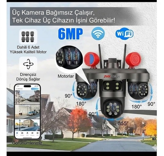 Yapay Zeka Destekli 6MP 3 Lensli PTZ WiFi Güvenlik Kamerası – 355° Hareketli, AI İnsan Takibi, Çift Yönlü Ses