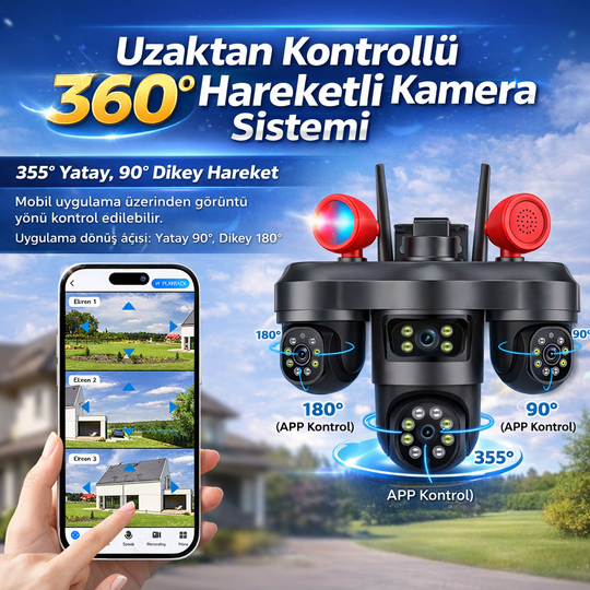 Yapay Zeka Destekli 6MP 3 Lensli PTZ WiFi Güvenlik Kamerası – 355° Hareketli, AI İnsan Takibi, Çift Yönlü Ses