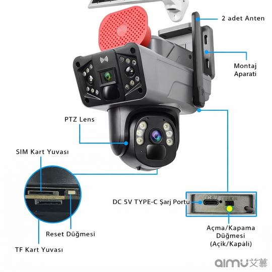 Solar Panelli, Güneş Enerjili, SIM Kartlı 4G, 6MP Çift Lensli PTZ Güvenlik Kamerası – Hareket Algıla