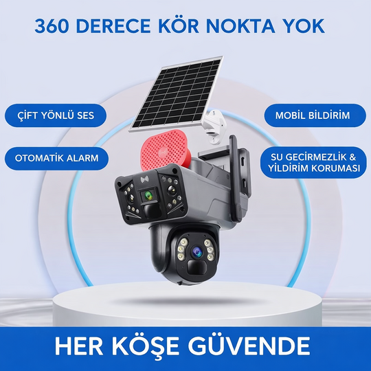 Solar Panelli, Güneş Enerjili, SIM Kartlı 4G, 6MP Çift Lensli PTZ Güvenlik Kamerası – Hareket Algıla