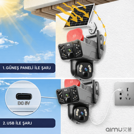 Solar Panelli, Güneş Enerjili, SIM Kartlı 4G, 6MP Çift Lensli PTZ Güvenlik Kamerası – Hareket Algıla