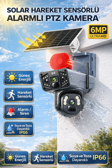 Solar Panelli, Güneş Enerjili, SIM Kartlı 4G, 6MP Çift Lensli PTZ Güvenlik Kamerası – Hareket Algıla