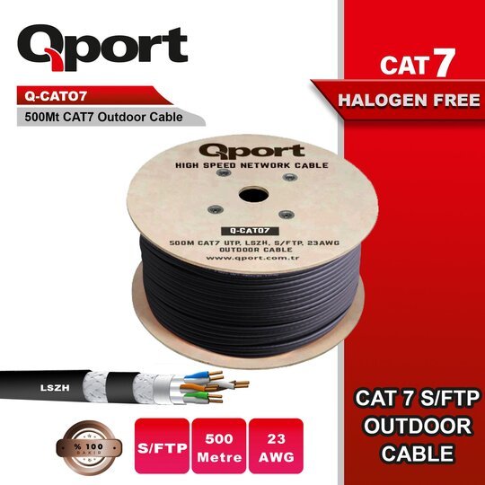 Qport Q-Cato7 500M Cat7 Lsoh S/Ftp Full Bakır 23Awg Siyah Halogen Free Kablo