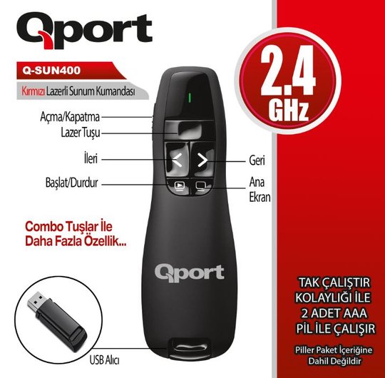 Qport Q-Sun400 2.4 Ghz Usb Kırmızı Lazerli Sunum Kumandası - Presenter