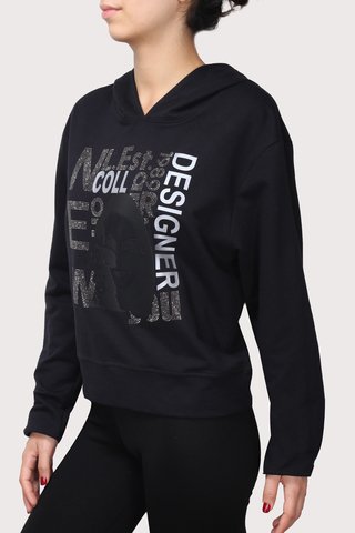 Kristal Taşlı Yazılı Gözlüklü Deri Baskılı Sweatshirt