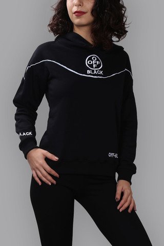 Siyah Kapüşonlu Nakışlı Sweatshirt