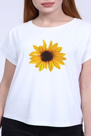 Kadın Beyaz Ön Papatya Baskılı Bisiklet Yaka Tshirt