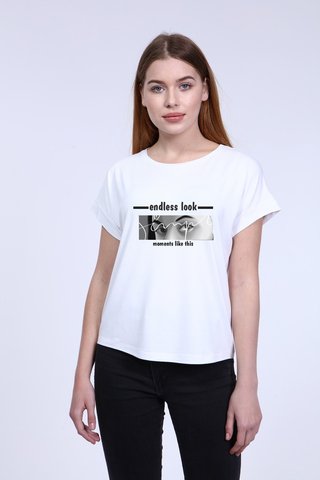 Kadın Beyaz  Ön Baskılı Bisiklet Yaka Tshirt