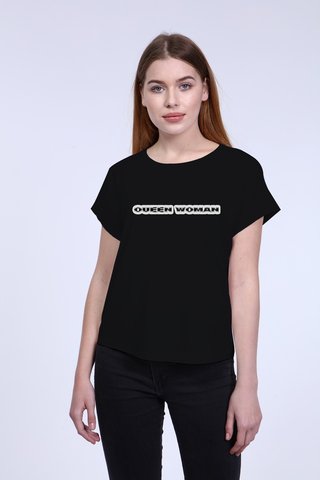 Kadın Siyah Ön Yazı Baskılı Bisiklet Yaka Basic  Tshirt