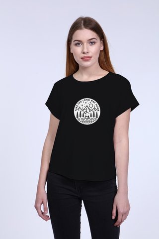 Kadın Siyah Ön Yuvarlak Baskılı Bisiklet Yaka Tshirt