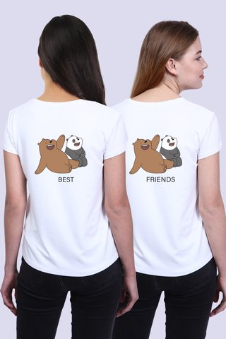 Kadın Beyaz Arka Panda Best Friends Baskılı V Yaka İkili Paket