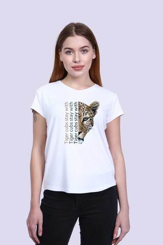 Kadın Beyaz   Ön/Arka Tiger Baskılı V Yaka Tshirt