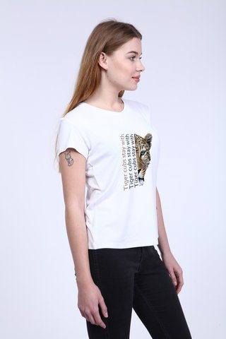 Kadın Beyaz   Ön/Arka Tiger Baskılı V Yaka Tshirt