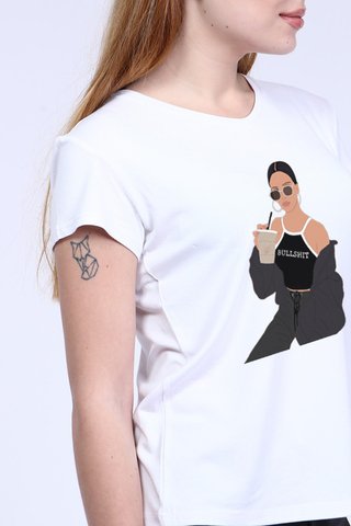 Kadın Beyaz Ön Kız Baskılı V Yaka Tshirt