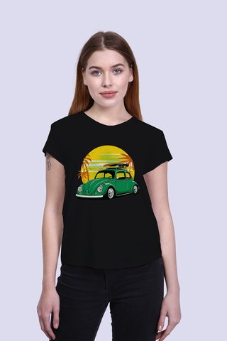 Kadın Siyah Ön Araba Baskılı V Yaka Tshirt