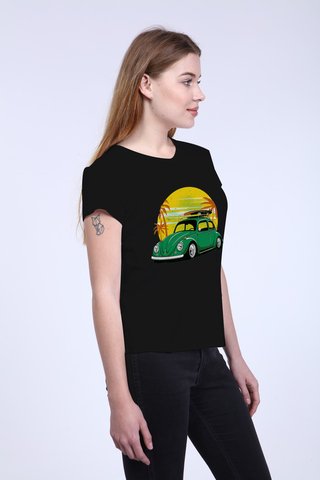 Kadın Siyah Ön Araba Baskılı V Yaka Tshirt