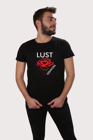 Erkek Siyah Bisiklat Yaka Lust Gül Ön Baskılı Basıc Tshirt