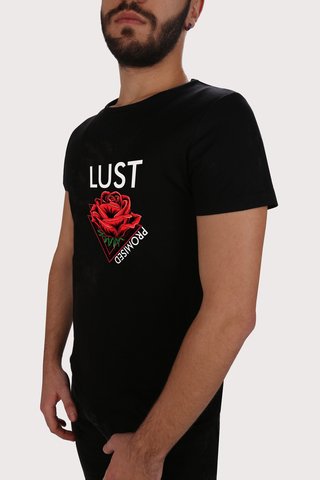 Erkek Siyah Bisiklat Yaka Lust Gül Ön Baskılı Basıc Tshirt