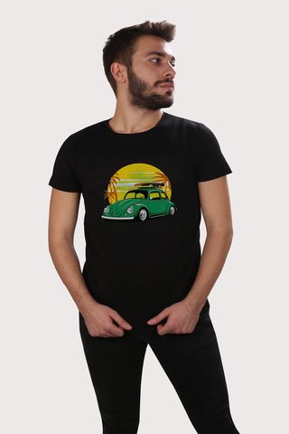 Erkek Siyah Ön Araba  Baskılı Basic Tshirt