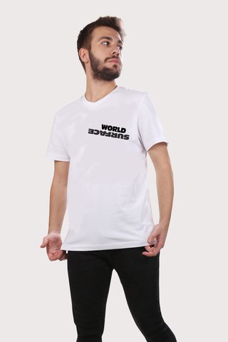 Erkek Beyaz V Yaka Retro Baskılı Basic Tshirt