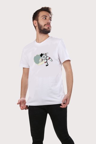 Erkek Beyaz V Yaka Ön Astronot Baskılı Basic Tshirt