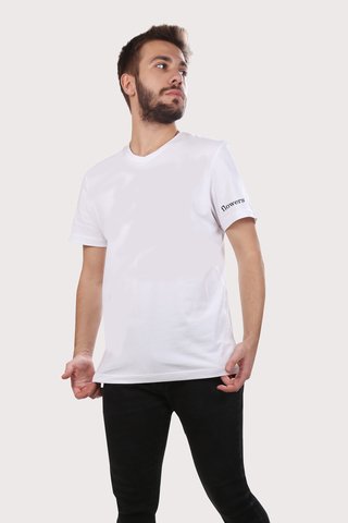 Erkek Beyaz V Yaka Flower Baskılı Basic Tshirt