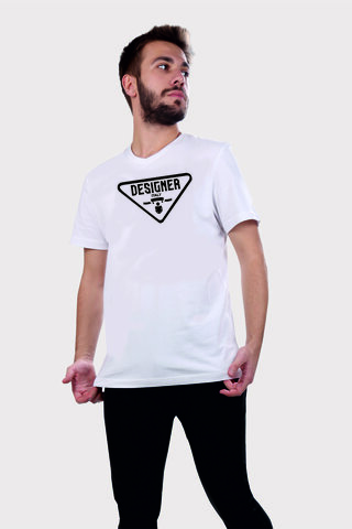 Erkek Beyaz V Yaka Basic Tshirt Designer Baskılı