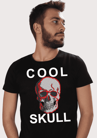 Erkek Siyah Bisiklet Yaka Coll Skull Taşlı Kurukafa