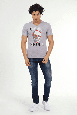 Erkek Gri V Yaka Coll Skull Taşlı Kurukafa