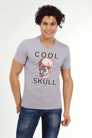 Erkek Gri V Yaka Coll Skull Taşlı Kurukafa