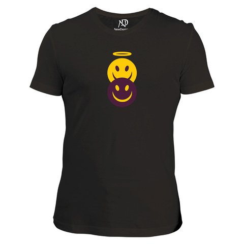 Erkek V Yaka Siyah Tshirt Şeytan Melek Emoji