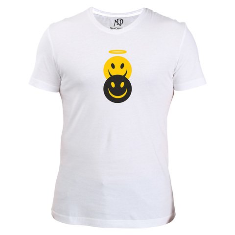 Erkek V Yaka Beyaz Tshirt Şeytan Melek Emoji