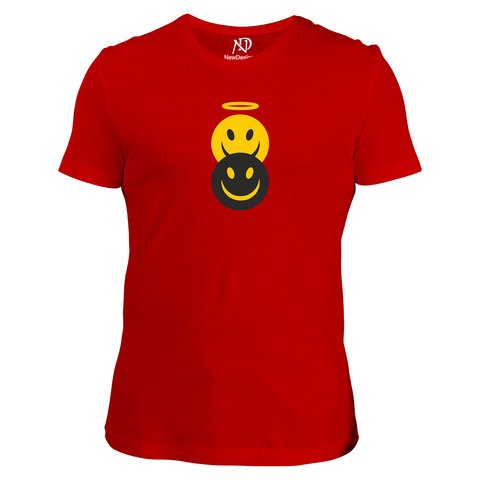 Erkek V Yaka Kırmızı Tshirt Şeytan Melek Emoji