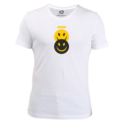 Erkek Bisiklet Yaka Beyaz Tshirt Şeytan Melek Emoji