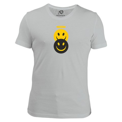 Erkek Bisiklet Yaka Gri Tshirt Şeytan Melek Emoji