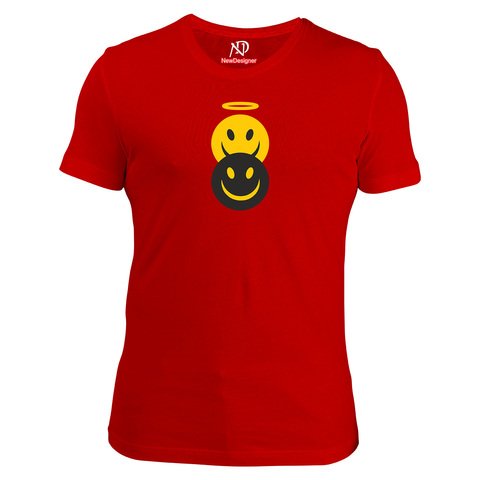 Erkek Bisiklet Yaka Kırmızı Tshirt Şeytan Melek Emoji