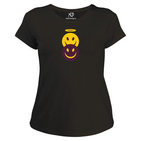 Kadın V Yaka Siyah Tshirt Şeytan Melek Emoji