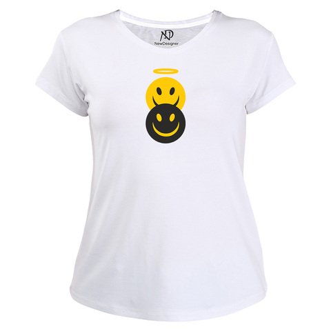 Kadın V Yaka Beyaz Tshirt Şeytan Melek Emoji