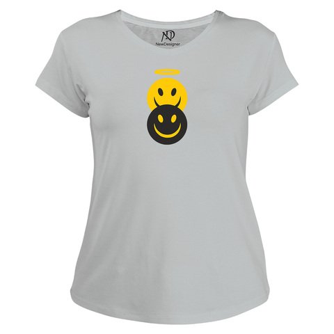 Kadın V Yaka Gri Tshirt Şeytan Melek Emoji