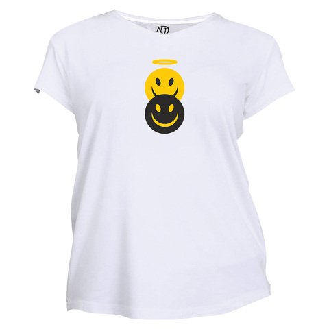 Kadın Bisiklet Yaka Beyaz Tshirt Şeytan Melek Emoji