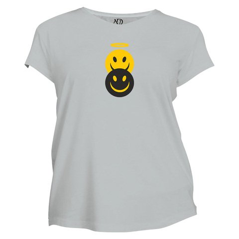 Kadın Bisiklet Yaka Gri Tshirt Şeytan Melek Emoji