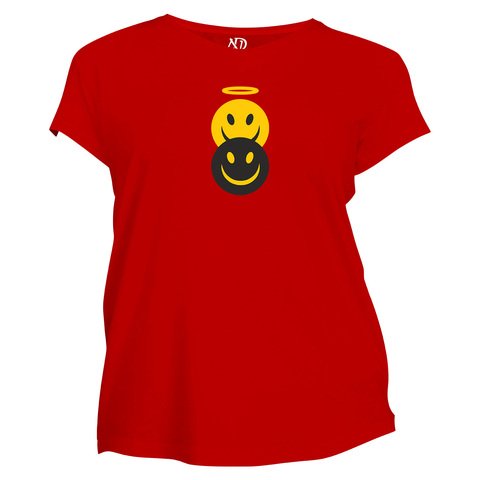 Kadın Bisiklet Yaka Kırmızı Tshirt Şeytan Melek Emoji