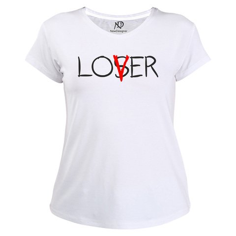 Kadın V Yaka Beyaz Tshirt Lover Loser