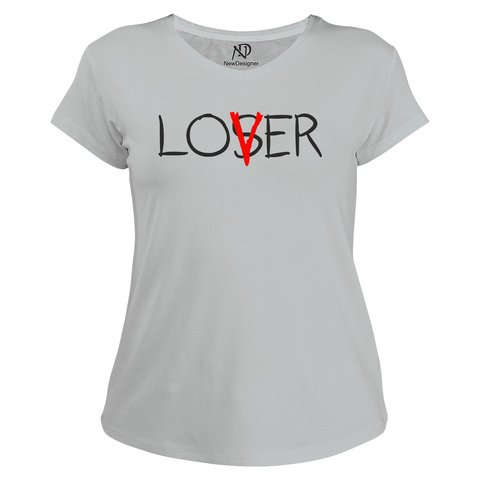 Kadın V Yaka Gri Tshirt Lover Loser