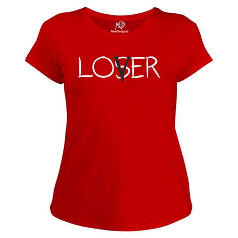 Kadın V Yaka Kırmızı Tshirt Lover Loser